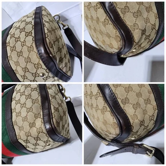 Authentic Gucci GG Canvas Leather Medium Vintage Web Boston Satchel Bag Brown/Be - Picture 12 of 16